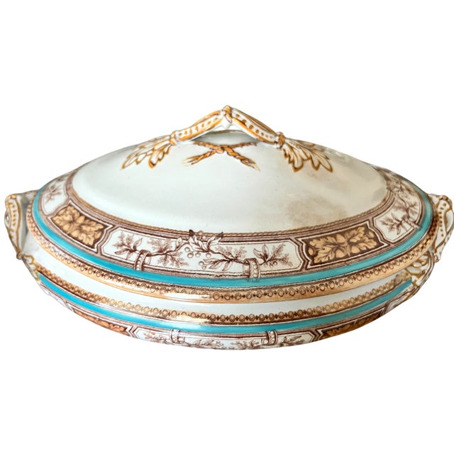 19th Century Edge, Malkin & Co. Staffordishire Hand Painted Turquoise and Brown Porcelain Tureens With Gold Gilding - a Pair For Sale - Image 9 of 14