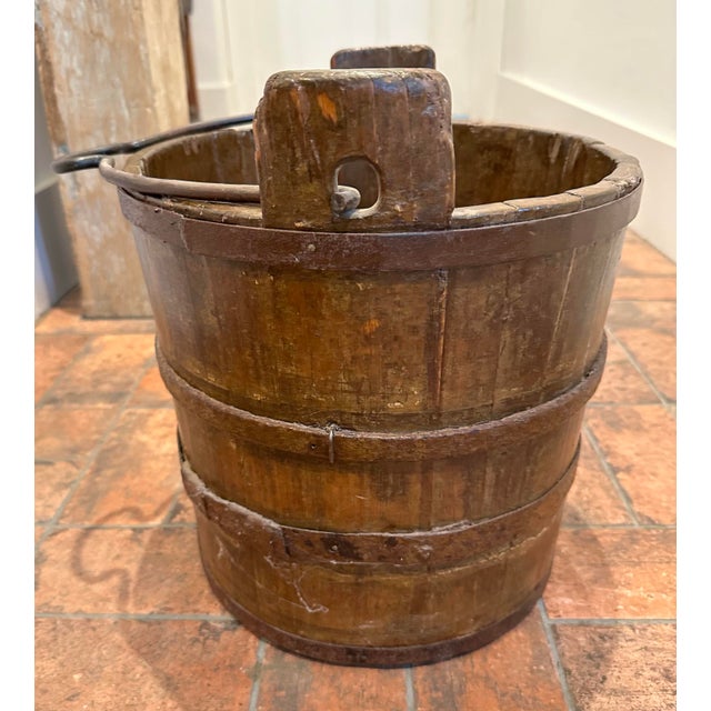 Wood Vintage Primitive Wood Bucket W/ Blacksmith Forged Handle 14" Tall 13" Diam For Sale - Image 7 of 9