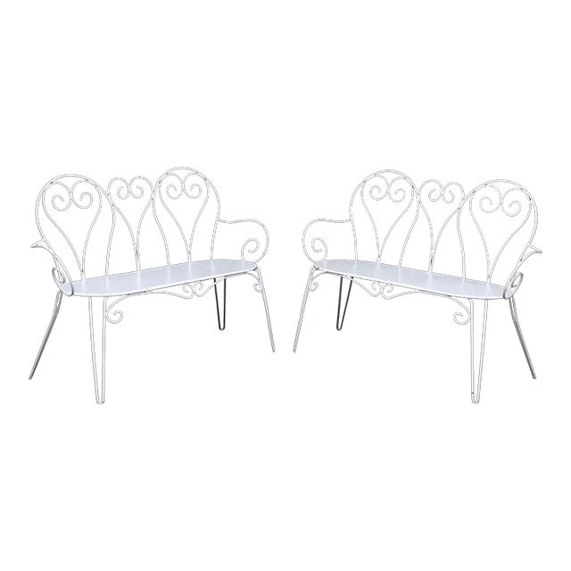 Mid 20th Century Painted Wrought Iron Scrolled Garden Benches, a Pair For Sale