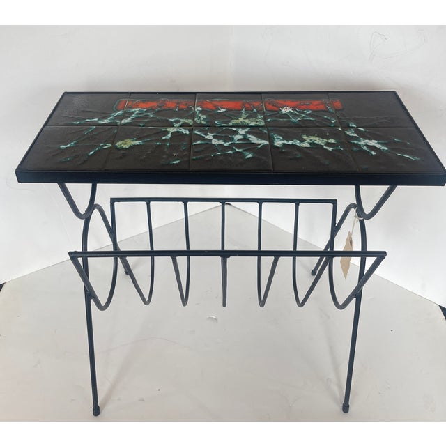 1950s Side Table Magazine Holder Attributed to Jacques Adnet With Lava Stones Tiles For Sale - Image 4 of 12