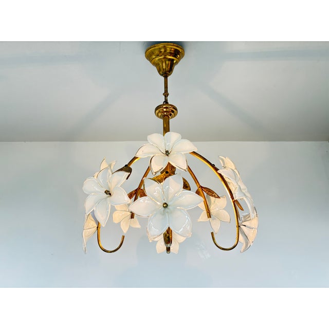 Pair Match Vintage Murano Style Glass Daisy Chandelier With Handcrafted White Floral Details For Sale - Image 12 of 13