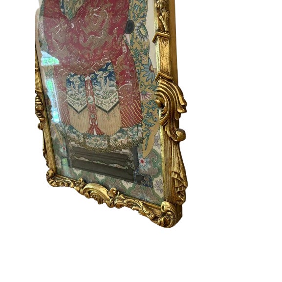 A striking Chinese ancestor portrait-style artwork depicting a seated noblewoman in richly detailed ceremonial robes,...