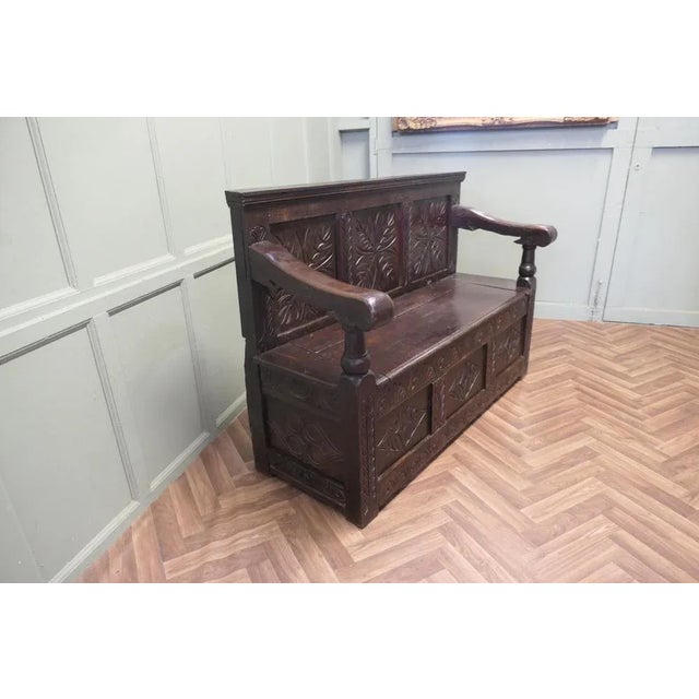 Oak High Back Settle with Carved Back Panels, 17th Century For Sale - Image 4 of 8