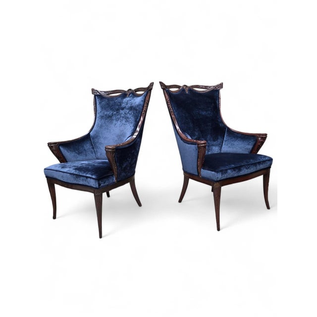 Grosfeld House Vintage Regency Revival Style Wingback Chairs Attributed to Grossfeld House Newly Reupholstered – Pair For Sale - Image 4 of 11