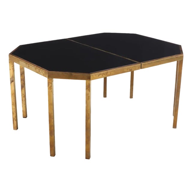 Italian Black Glass and Brass Dining Table Attributed to Willy Rizzo, C. 1970. For Sale
