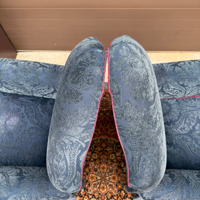 Vintage Baker Furniture William and Mary Walnut, Blue Damask Custom Built High Seat Throne Lounge Chairs - A Pair For Sale - Image 11 of 18