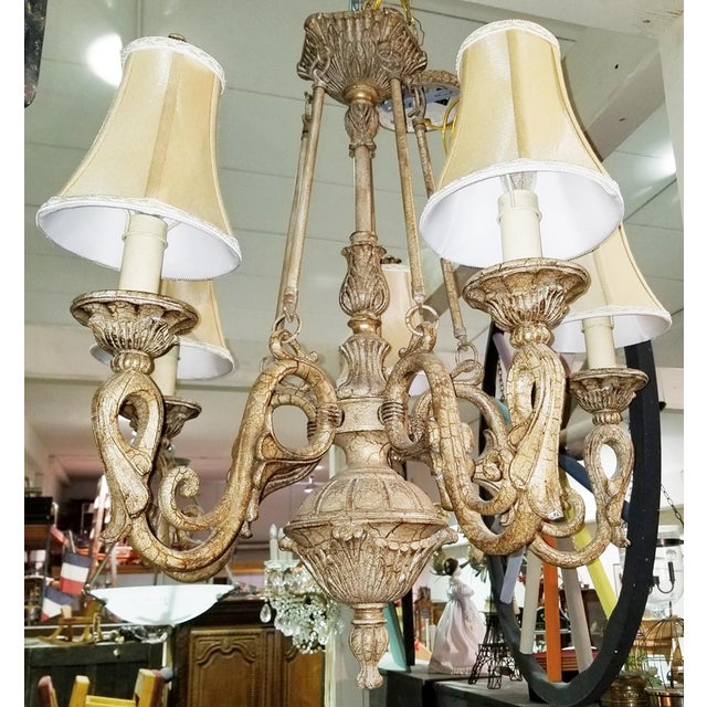 Classically styled Quoizel chandelier c. 1970-1980s with 5 arms wired and working for candleabra based bulbs in a 2 tone...