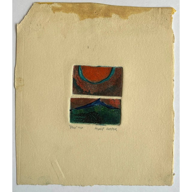 Myril Adler "Duo" c.1960s Collagraph ink on paper 2."x2.5" unframed Signed and titled in pencil Myril Adler, was born on...