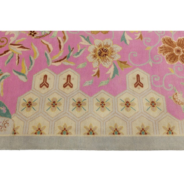 Modern Art Deco Style Handmade Wool Rug in Pink With Floral Design For Sale - Image 10 of 11