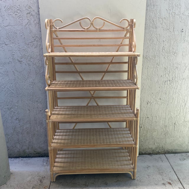 1970s Coastal Rattan Bakers Rack With Wicker Shelves Chairish