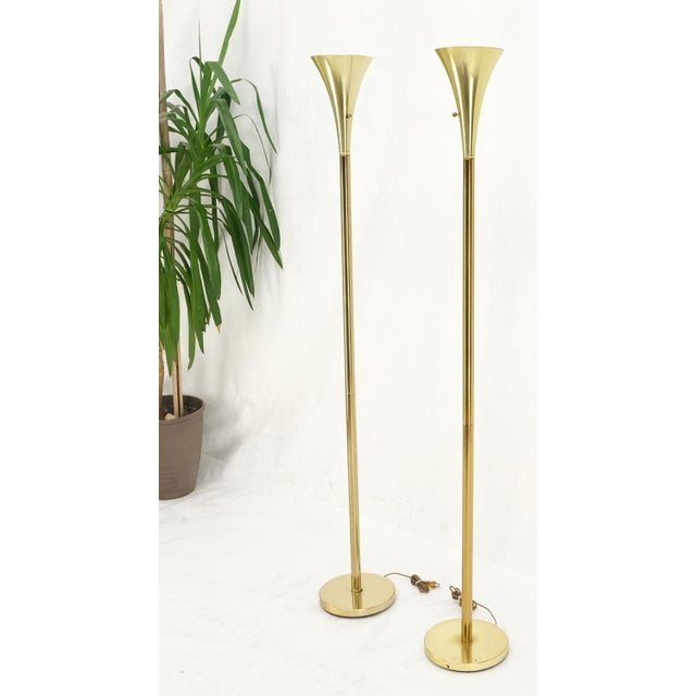 Pair of Mid Century Modern Brass Trumpet Shape Floor Lamps Torcheres For Sale - Image 6 of 13