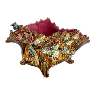 Antique 1890s French Majolica Barbotine Jardiniere For Sale