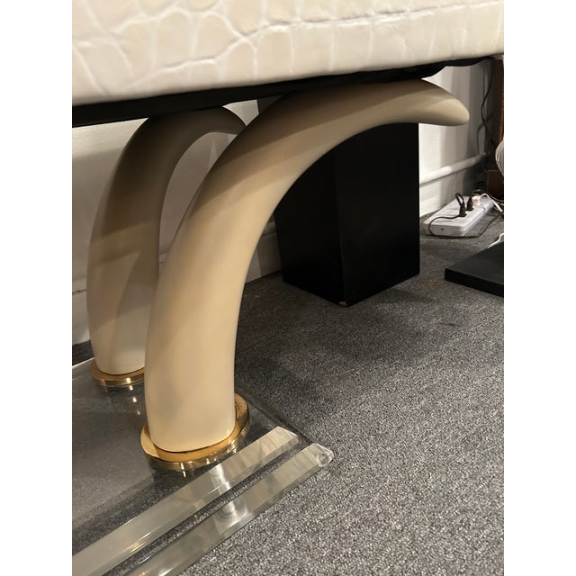 1970s Faux Crocodile Upholstered Bench With Faux Horn & Lucite Base For Sale - Image 5 of 11