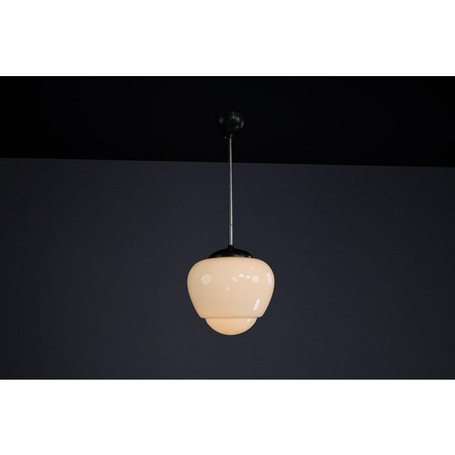 Bauhaus Opaline and Bakelite Pendant Lamp, Czech Republic, 1950s For Sale - Image 6 of 9