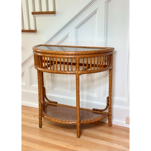 Mid-Century Modern 1970s Rattan & Faux Tortoise Bamboo Demilune Console Table With Lower Shelf For Sale - Image 3 of 12