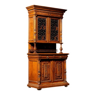Late 19th Century Renaissance Revival Oak Sideboard With Leaded Glass Hutch For Sale