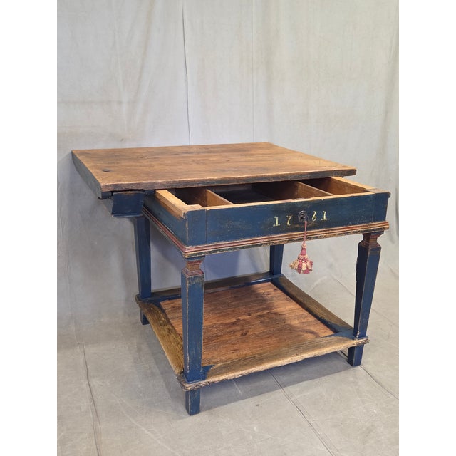 Farmhouse Antique European Rustic Painted Pine Baker's Table, Romania, 1761 For Sale - Image 3 of 18