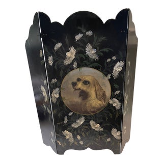 Late 19th Century Victorian Paper Mache Tri-Fold Screen With a Painting of a Dog Surrounded by Flowers For Sale