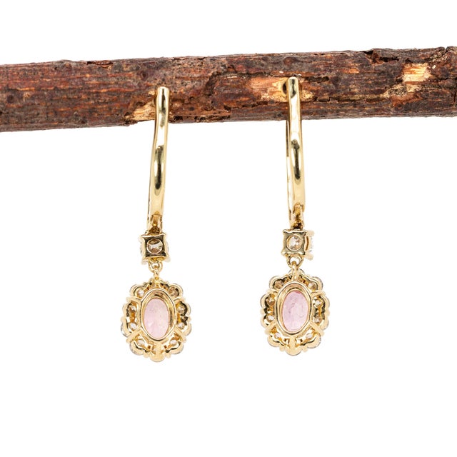 Ceylon Padparadscha Sapphire Diamond Earrings in Solid 14k Gold | Oval 6x4mm For Sale In Columbus - Image 6 of 7