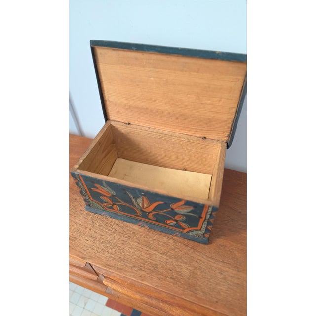 Ink Blue 18th Century Folk Art Painted Wooden Box Antique Hand Painted Keepsake Chest Primitive Scandinavian Storage Box For Sale - Image 8 of 9