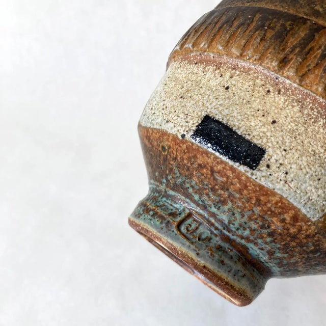 Ceramic 1990s Hand-Crafted Postmodern Studio Art Pottery Vase in Green, Brown, Tan For Sale - Image 7 of 8