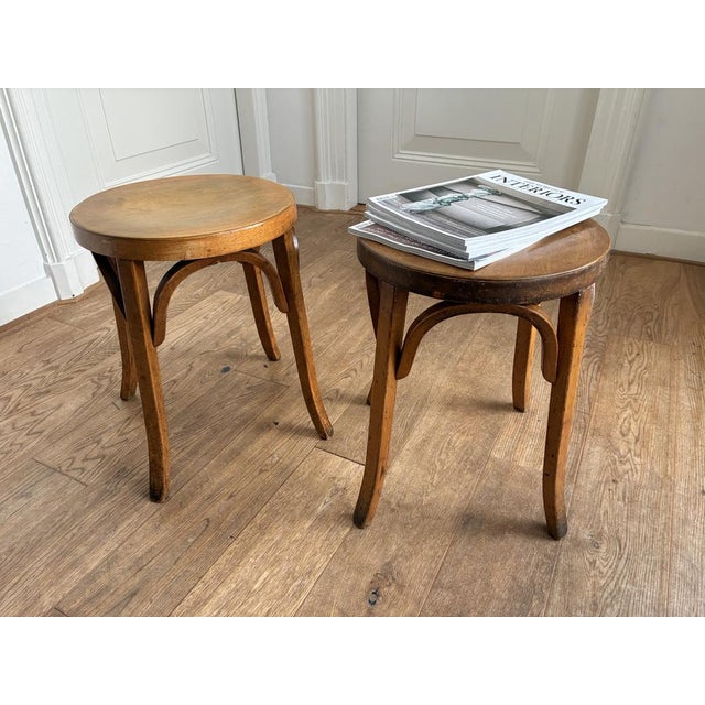 Attention: Sold per piece! Two available. Two rare vintage midcentury bentwood stool by Baumann, France. Inspired by...