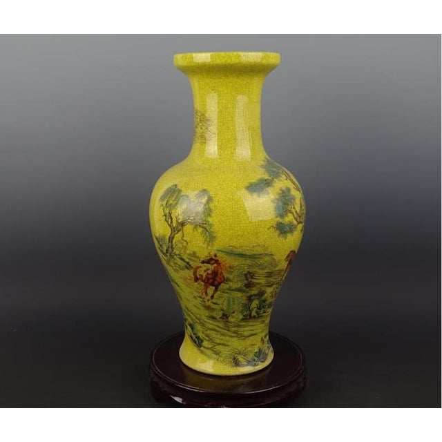 Chinese Chinese Ceramic Qing Dynasty Qianlong Marked Yellow Ground Crackle Glaze Porcelain Vase Hand Painted Twelve Chinese Zodiac Signs Pattern For Sale - Image 3 of 6
