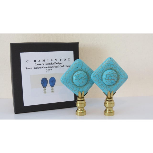 Cabochon style polished Turquoise Stone finials in brass bases. Gorgeous detail in the stones. Rounded edge square shape...