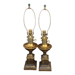 Antique Heavy Brass Lamps in the Art Nouveau Style With Green Glass Finials Circa 1910-1920-a Pair For Sale
