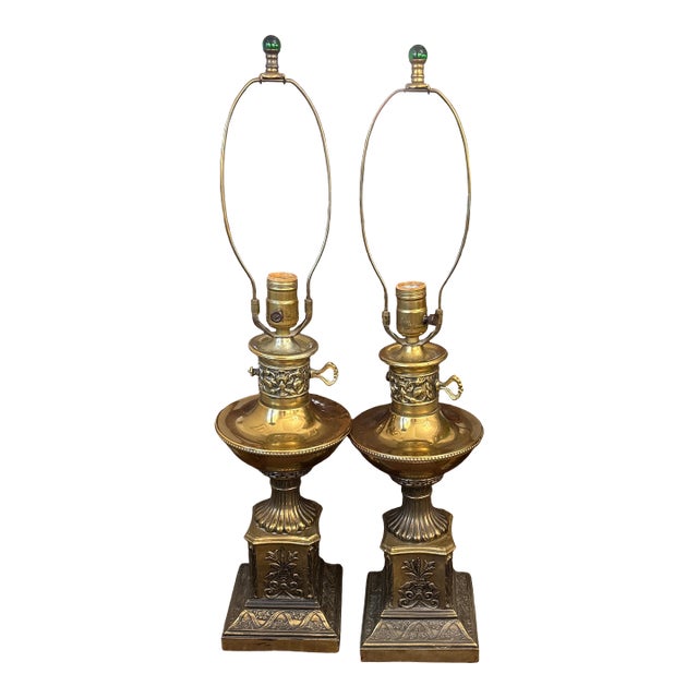Antique Heavy Brass Lamps in the Art Nouveau Style With Green Glass Finials Circa 1910-1920-a Pair For Sale