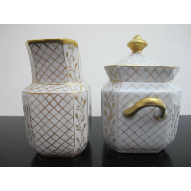 French Vintage Flower & Basket Weave Gilt Porcelain Creamer Pitcher & Sugar Bowl W/Lid For Sale - Image 3 of 8