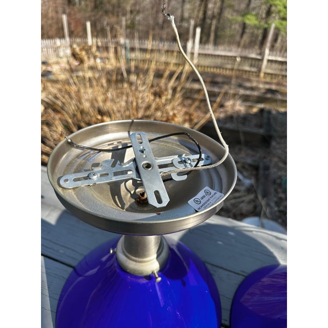 American 1920s Brushed Nickel Flush Mount Fixtures With Vintage Cased Blue Shades - Set of Three For Sale - Image 3 of 5