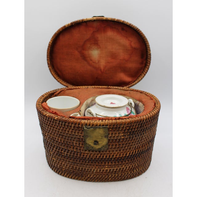 Circa 1880s Famille Rose Tea Pot & Tea Bowl in Basket, Chinese export. Late Qing dynasty. Padded, handwoven wicker basket...
