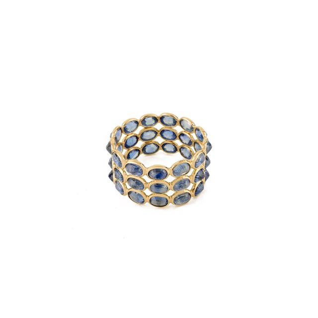 9.54 Ct Natural Blue Sapphire Triple Row Wide Band Ring Size 6.5 in 14k Gold For Sale - Image 9 of 15