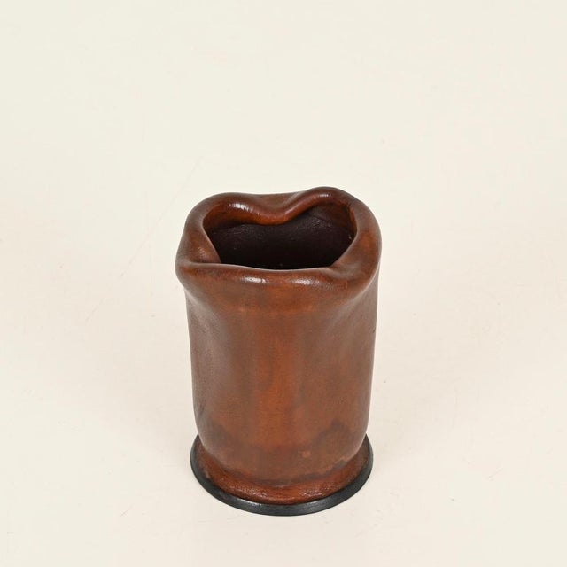 Brown Italian Brown Curved Leather Pen Holder by Nova Tecno, Italy, 1950s For Sale - Image 8 of 12