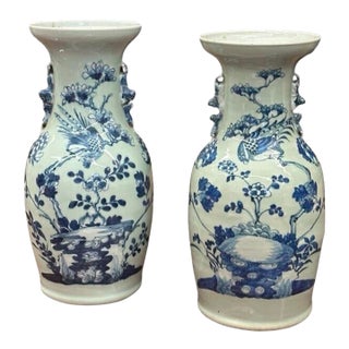 Pair of Late 19th Century Chinese Blue & Celadon Vases With Handles For Sale