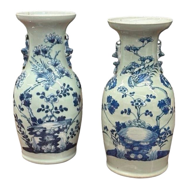 Pair of Late 19th Century Chinese Blue & Celadon Vases With Handles For Sale
