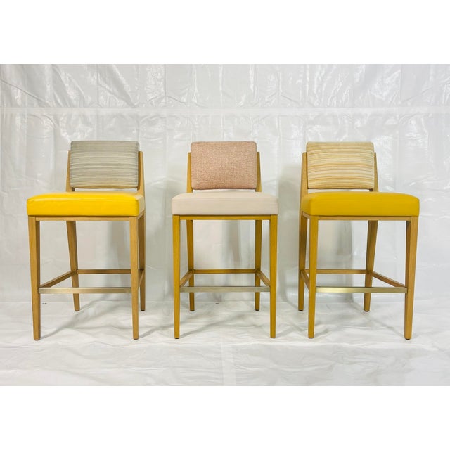 Donghia Set of 3 1980s Modern Oak Counter Stools With Leather Seats and Upholstered Backs For Sale - Image 4 of 17