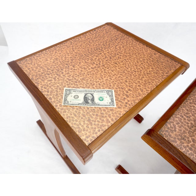 Hammered Copper Top & Teak Set of 3 Nesting Side End Tales Stands Danish MINT For Sale - Image 13 of 16