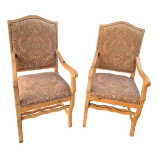 Vintage Mid-Century French Provincial Style Open Armchairs With Tapestry Brocade - A Pair For Sale