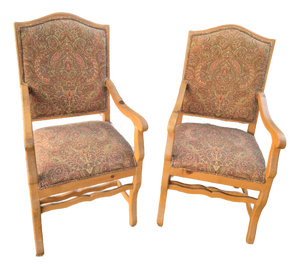 Vintage Mid-Century French Provincial Style Open Armchairs With Tapestry Brocade - A Pair