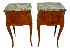 Antique French Louis XV Style Marble-Top Bedside Tables, 1900, Set of 2