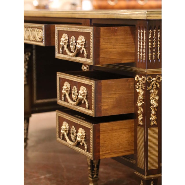 19th Century French Louis XVI Mahogany, Bronze & Leather-Top Partner Desk For Sale - Image 9 of 15