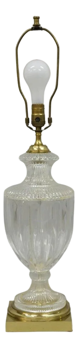 Vintage French Empire Neoclassical Faceted Crystal Glass Urn Brass Table Lamp