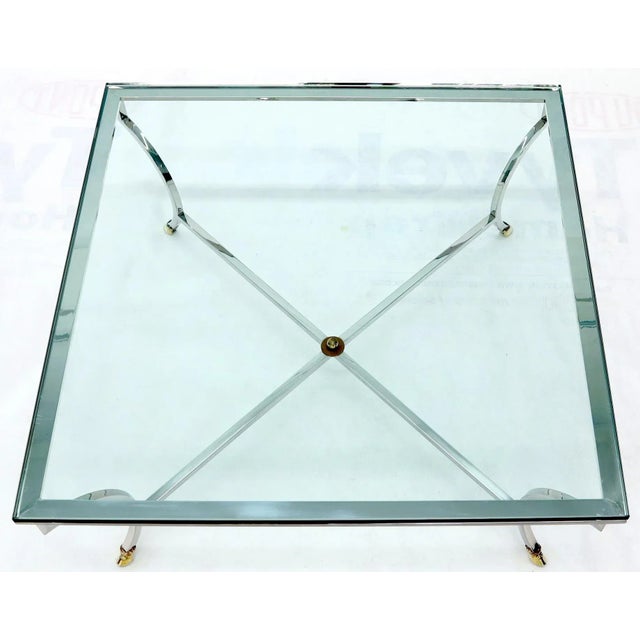 Mid 20th Century Square Chrome and Brass Hoof Feet Base Coffee Table Thick Glass Top For Sale - Image 5 of 12