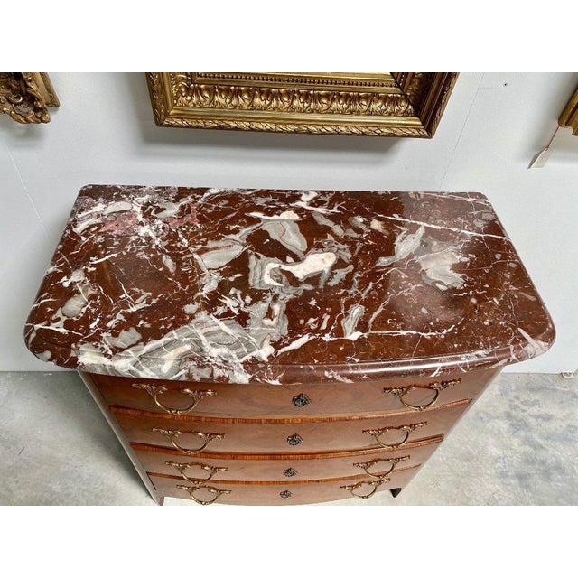 Mid 20th Century Louis XIV Style Commode with Rosewood Marquetry Décor and Red Griotte Marble For Sale - Image 5 of 12