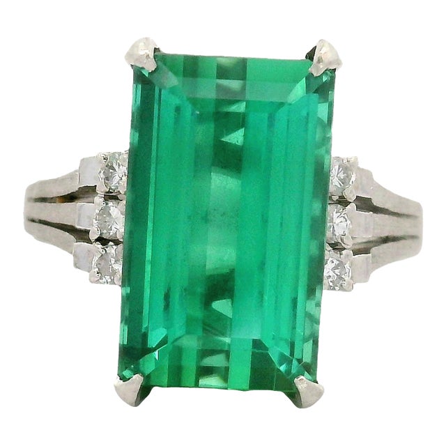 7.46 Carat Green Tourmaline Diamond Platinum Ring, Size 6.75 For Sale