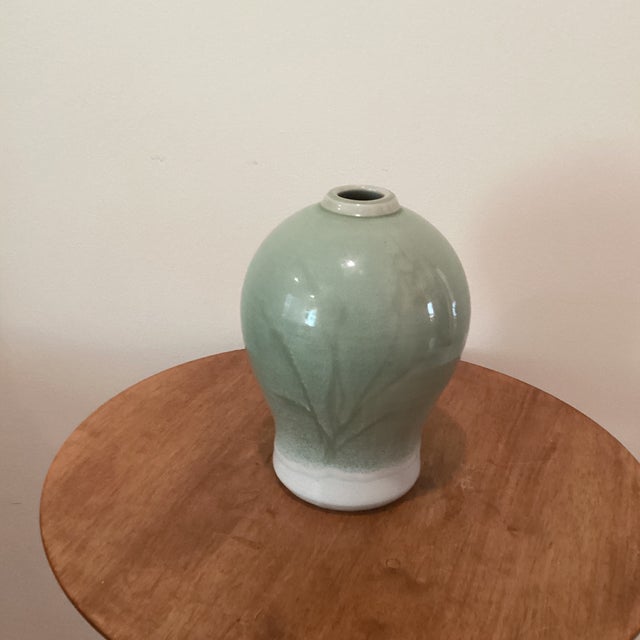Vintage Green Celadon Glazed Bamboo Design Porcelain Vase by Richey Bellinger Circa1982 For Sale - Image 12 of 12