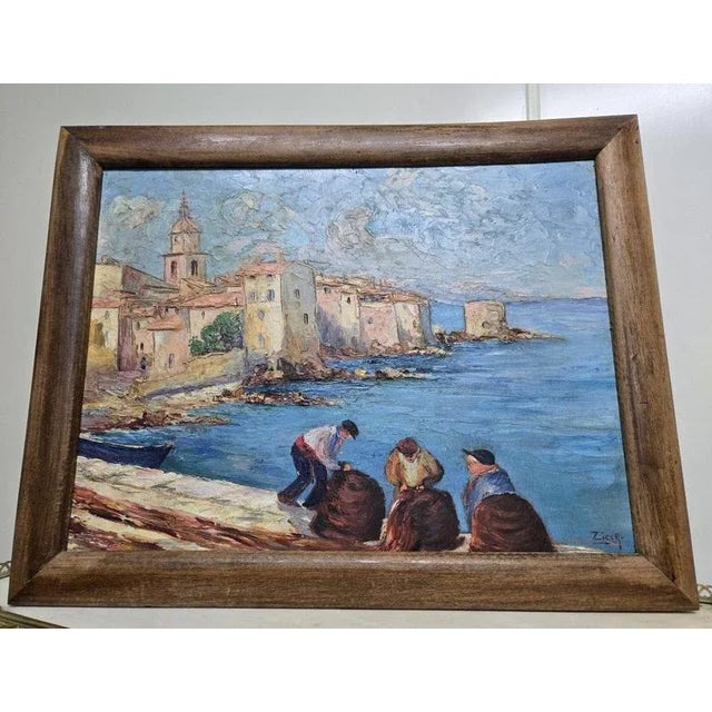 Zicca, The Port of Saint Tropez Animated by Fishermen, Oil on Panel, Framed For Sale - Image 7 of 8