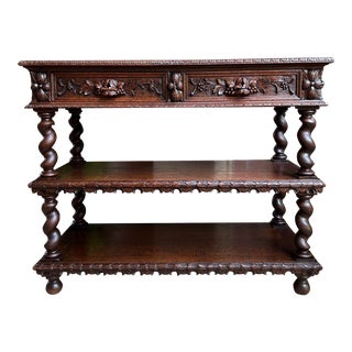 Antique French Carved Oak Server Sideboard Barley Twist Renaissance Bookshelf For Sale